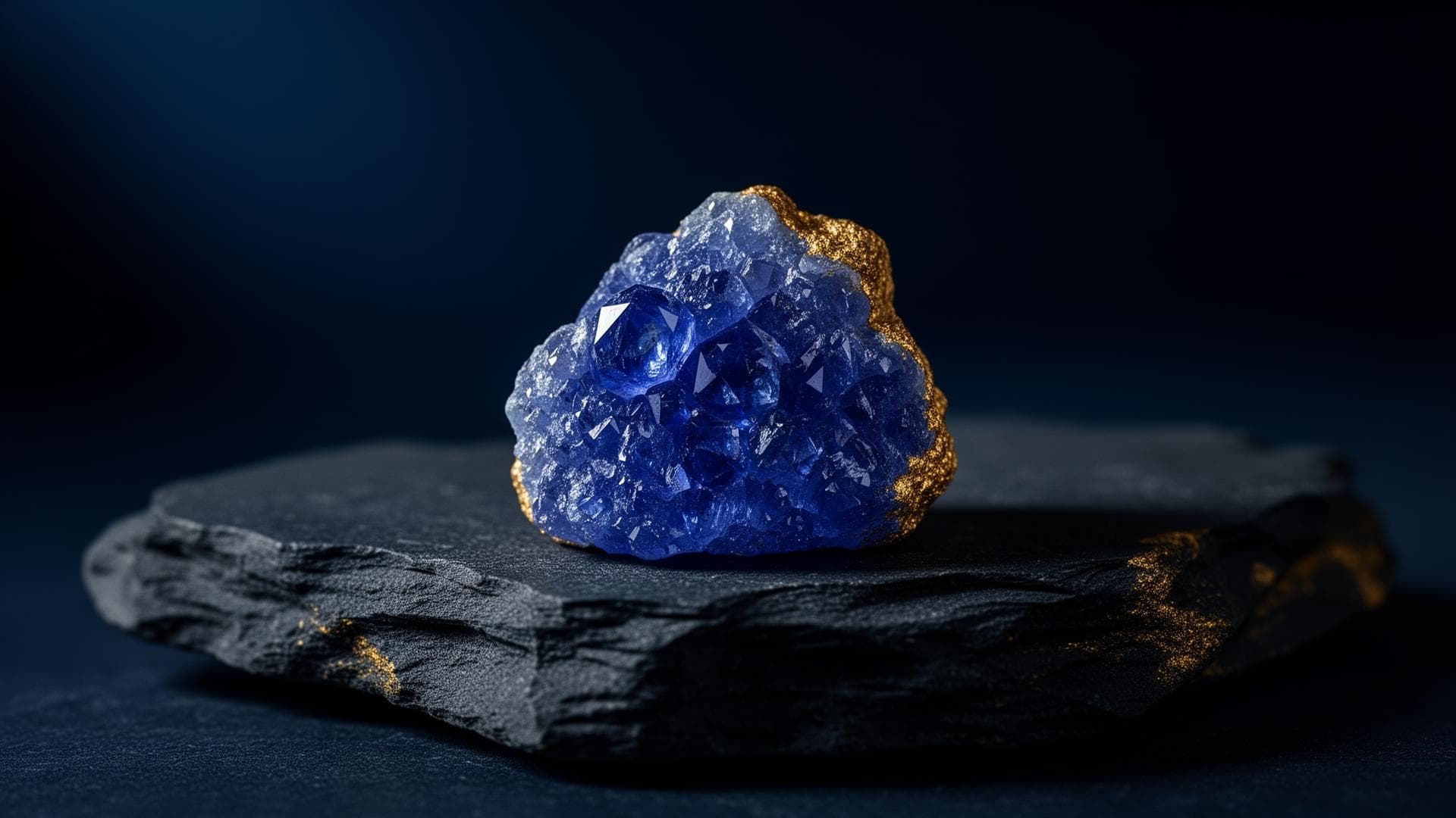 Raw blue tanzanite gemstone on dark slate
